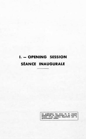205-218, I. Opening session - Séance inaugurale