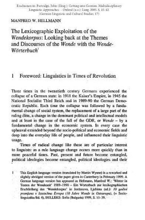 The Lexicographic exploitation of the Wendekorpus: Looking back at the themes and discourses of the Wende with the Wende-Wörterbuch