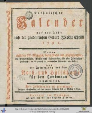 Katholischer Kalender: ... auf das Jahr nach der gnadenreichen Geburt Jesu Christi 1793