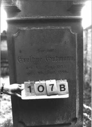 Grabstein 107 (Index: 99609743) Material: Sandstein Zustand: verwittert Maße HxBxT: 204x68x30 cm Beschreibung: Stele, eingezogener Rundbogenabschluß mit Verdachung, Mittelpalmette, vorderes Schriftfeld rechteckig eingetieft, hinteres Schriftfeld plakettenförmig erhaben, getreppter Sockel: Grabstein 107B