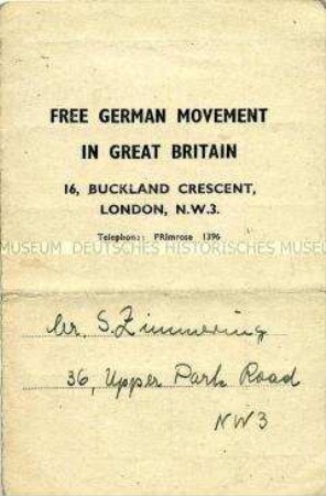 Mitgliedsausweis der Freien Deutschen Bewegung in Großbritannien