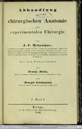 1: Abhandlung der chirurgischen Anatomie und experimentalen Chirurgie