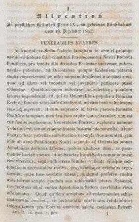 1-8 Allocution Seiner päpstlichen Heiligkeit Pius IX. im geheimen Consistorium vom19. Dezember 1853