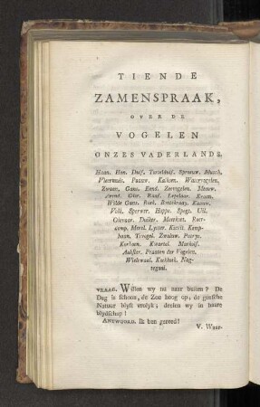 Tiende Zamenspraak, over de Vogelen onzes Vaderlands.