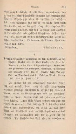 319-324 [Rezension] Knoke, Karl, Praktisch-theologischer Kommentar zu den Pastoralbriefen des Apostels Paulus