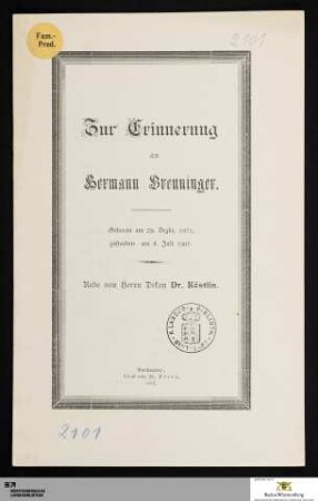 Zur Erinnerung an Hermann Breuninger : Geboren am 29. Dezbr. 1871, gestorben am 4. Juli 1907