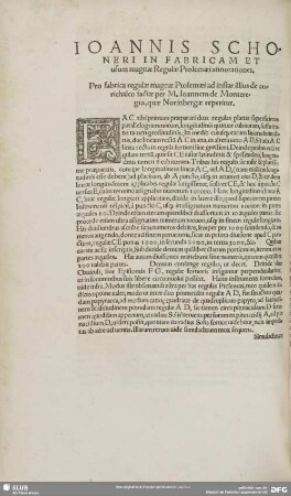 IOANNIS SCHONERI IN FABRICAM ET usum mangae Regulae Ptolemaei annotationes.