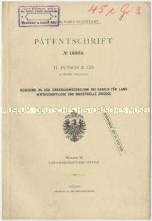 Patentschrift über Neuerungen an der Zinkenauswechselung bei Gabeln für landwirtschaftliche und indusrielle Zwecke, Patent-Nr. 10363