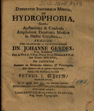 Disputatio Inauguralis Medica, De Hydrophobia