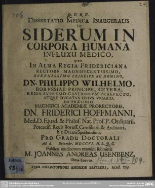 Dissertatio Medica Inauguralis De Siderum In Corpora Humana Influxu Medico