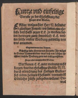 Kurtze und einfeltige Vorrede zu der Ehestifftung/ der Freyer oder Werber.
