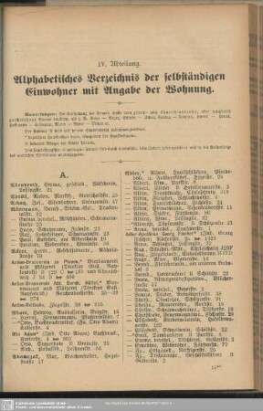 IV. Abteilung. Einwohnerverzeichnis : IV. Abteilung. Alphabetisches Verzeichnis der selbständigen Einwohner mit Angabe der Wohnung