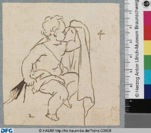 Sitzender Putto mit Draperie nach rechts gewandt