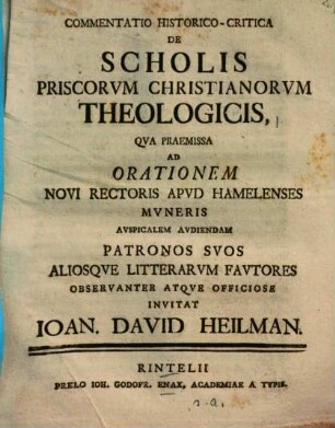 Commentatio Historico-Critica De Scholis Priscorvm Christianorvm Theologicis