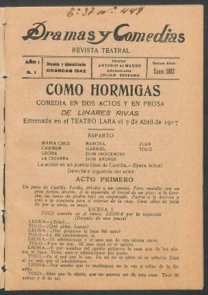 1922000100: Como hormigas : comedia en dos actos