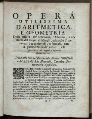 Opera Utilissima D' Aritmetica, E Geometria.