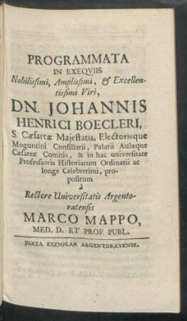 Programmata In Exequiis ... Viri, Dn. Johannis Henrici Boecleri ... a ... Marco Mappo ...