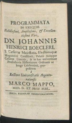 Programmata In Exequiis ... Viri, Dn. Johannis Henrici Boecleri ... a ... Marco Mappo ...