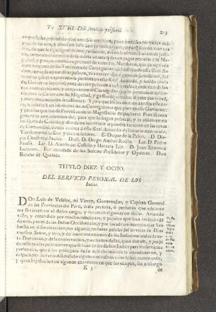 Titulo Diez y Ocho. Del Servicio Pesonal de los Indios