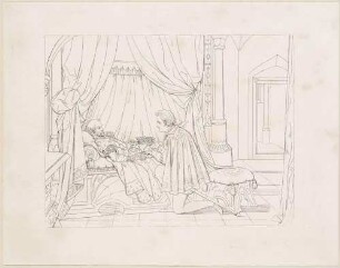 Zu Shakespeares "König Heinrich IV.", Teil 2, Blatt 12, 4. Akt, 4. Szene: Prinz Heinrich auf Knien reicht dem im Bett liegenden König die Krone