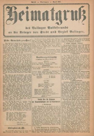 10.1917: Heimatgruß des Balinger Volksfreunds an die Krieger von Stadt und Bezirk Balingen