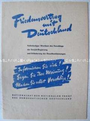 Sonderdruck mit dem Wortlaut des Vorschlages der Regierung der UdSSR für einen Friedensvertrag mit Deutschland