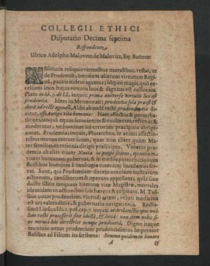 Collegii Ethici Disputatio Decima septima. Respondente Ulrico Adolpho Malovetz de Malovitz
