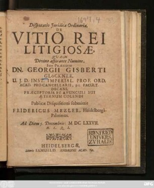 Dissputatio Iuridica Ordinaria, De Vitio Rei Litigiosae