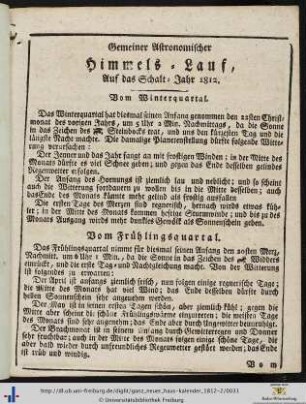 Gemeiner Astronomischer Himmels-Lauf, auf das Schalt-Jahr 1812.