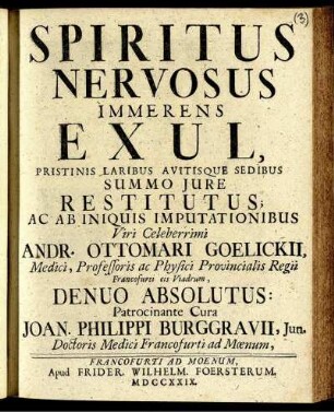 Spiritus Nervosus Immerens Exul, Pristinis Laribus Avitisque Sedibus Summo Jure Restitutus; Ac Ab Iniquis Imputationibus ... Andr. Ottomari Goelickii ... Denuo Absolutus