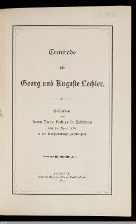 Traurede für Georg und Auguste Lechler
