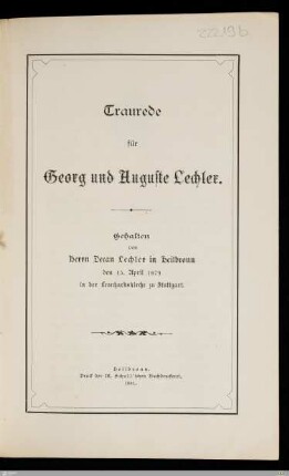 Traurede für Georg und Auguste Lechler