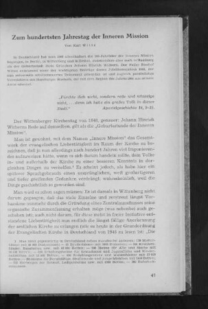 Zum hundersten Jahrestag der Inneren Mission