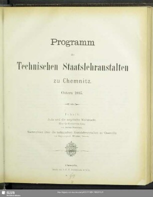 1885: Programm der Technischen Staatslehranstalten zu Chemnitz