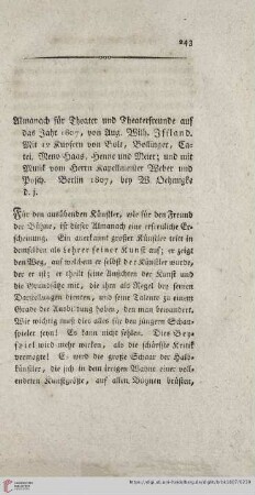 Almanach für Theater und Theaterfreunde auf das Jahr 1807, von Aug. Wilh. Iffland