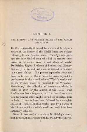 Wiclif's place in history : Three lectures delivered before the University of Oxford in 1881 by Montagu Burrows