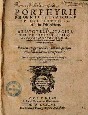 Porphyrii Phoenicis Isagoge Id Est, Introdvctio in Dialecticen