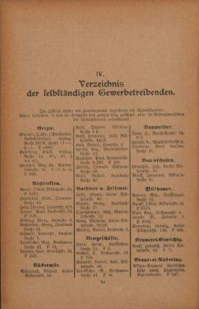 IV. Verzeichnis der selbständigen Gewerbetreibenden