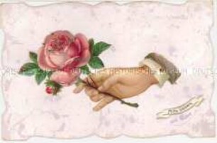 Postkarte mit aufgeklebtem Rosengruß (Oblate)