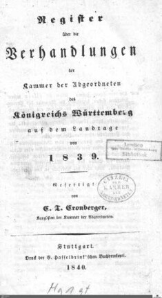 1,11: Landtag Württemberg - Kammer 2, Register 1839