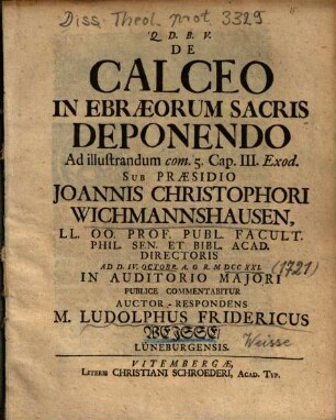 De Calceo In Ebraeorum Sacris Deponendo Ad illustrandum com. 5. Cap. III. Exod.