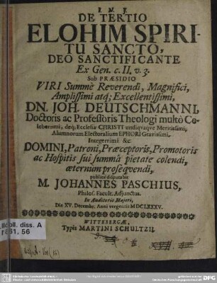 De tertio Elohim spiritu sancto, deo sanctificante ex Gen. C. II. v. 3