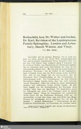 Rothschild, hon. Dr. Walter and Jordan, Dr. Karl, Revision of the Lepidopterous Family Sphingidae. London and Aylesbury, Hazell Watson. and Viney