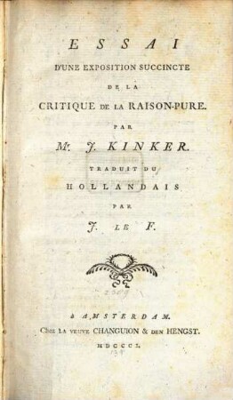 Essai d'une Exposition succincte de la Critique de la Raison-pure