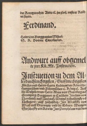 Andwurt auff obgemelte irer Kü. Mt. Instruction.