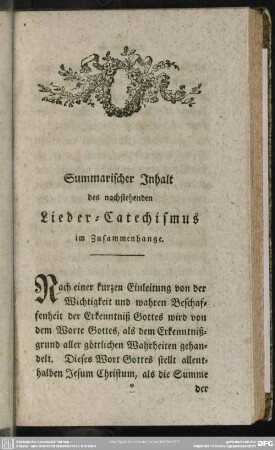 Summarischer Inhalt des nachstehenden Lieder-Catechismus im Zusammenhange