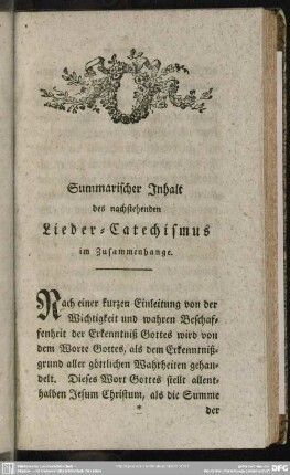 Summarischer Inhalt des nachstehenden Lieder-Catechismus im Zusammenhange