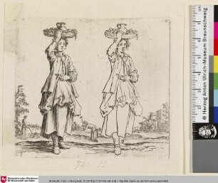 [Zwei Darstellungen einer einen Korb auf dem Kopf tragenden Bäuerin nebeneinander, ausgeführt und als Strichzeichnung; Deux figures...]
