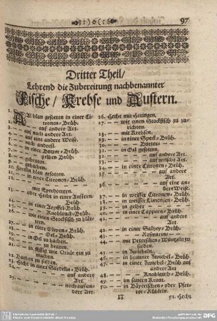 Dritter Theil / Lehrend die Zubereitung nachbenannter Fische / Krebse und Austern.