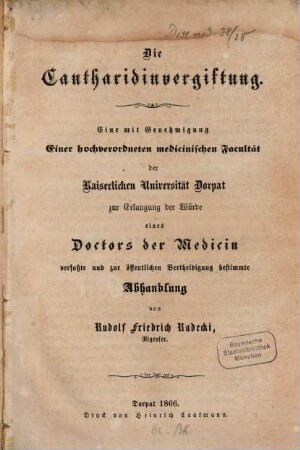 Die Cantharidinvergiftung : Inaug. Diss.